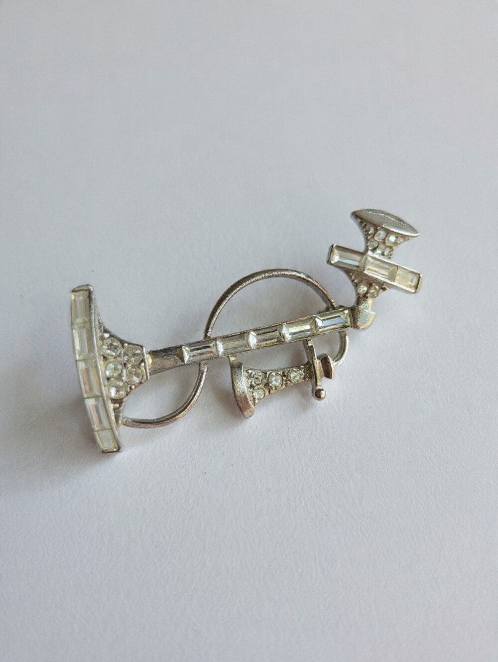 Vintage Signed Coro Rhinestone Musical Horn Brooch – Mid-Century Novelty Trombon